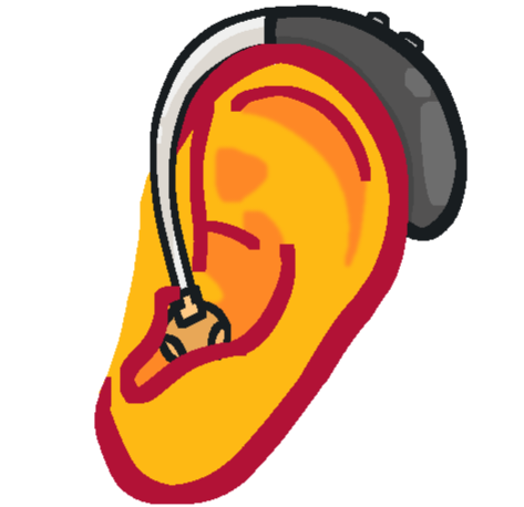 A semi simplistic drawing of an ear that has a hearing aid on it which is sitting behind the top edge of the ear. 